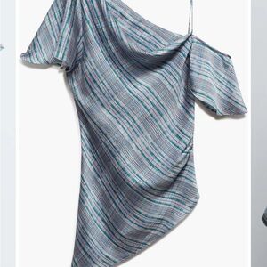 Mango Blue Satin Plaid Draped Asymmetrical Blouse